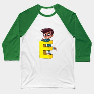 boy stands on the capital letter E Baseball T-Shirt